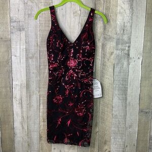 Sequin Hearts Size 1 Red Embroidered & Red Sequin Over Black Mesh Mini Dress